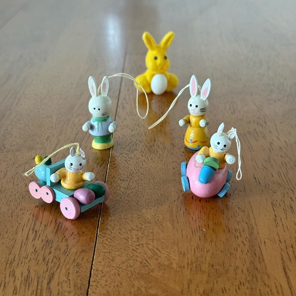 4 Wooden Easter Tree Ornaments with 1 Flocked Bunny Decor or Crafting - Picture 12 of 15